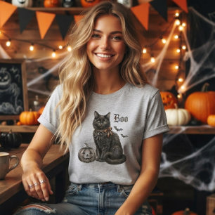 Zwarte kat met Jack o Lantern en vleermuizen. Boe. T-shirt