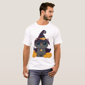 Zwarte Kat Met Jack O Lantern Halloween T-shirt (Voorkant volledig)