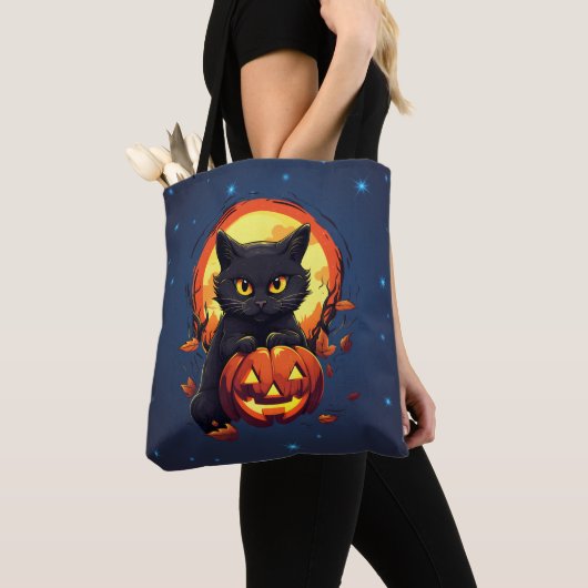 Zwarte Kat met Jack-O' Lantern Halloween Tote Bag (Dichtbij)