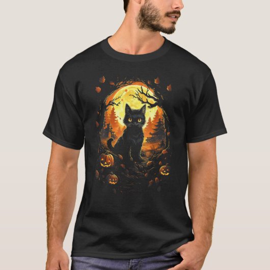 Zwarte Kat Met Jackolantern en Volle Maan - Hallow T-shirt (Voorkant)