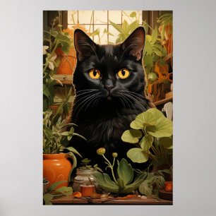 Zwarte kat met kamerplanten poster