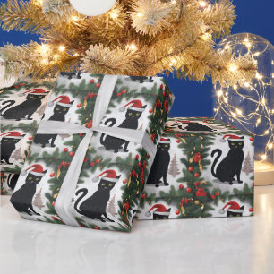 Zwarte kat met kerstboom en Ornamenten Cadeaupapier