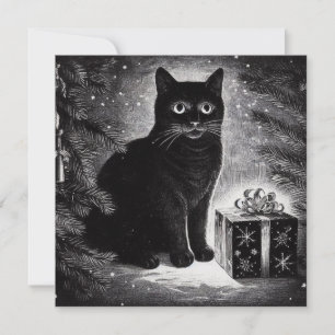 Zwarte Kat met Kerstcadeau Kaart