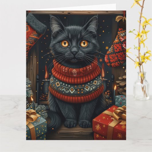 Zwarte Kat met Kerstcadeaus Haard Kaart (Gele Bloem)