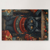 Zwarte Kat met Kerstcadeaus Haard Legpuzzel (Horizontaal)