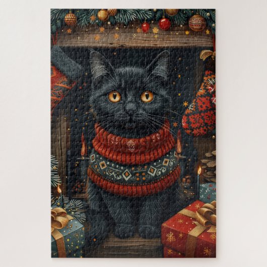 Zwarte Kat met Kerstcadeaus Haard Legpuzzel (Verticaal)