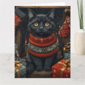 Zwarte kat met kerstgeschenken open haard kaart (Voorkant)
