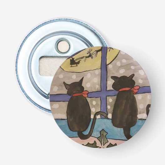 Zwarte Kat met kerstknop Button Flesopener (Voorkant)