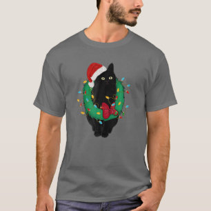 Zwarte kat met kerstlampje Santa Hat Funny Cat T-shirt