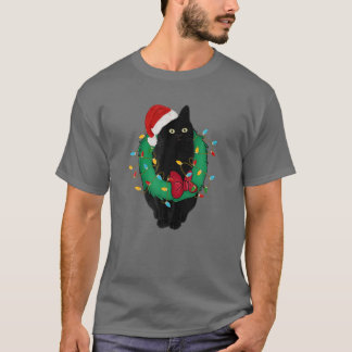 Zwarte kat met kerstlampje Santa Hat Funny Cat T-shirt