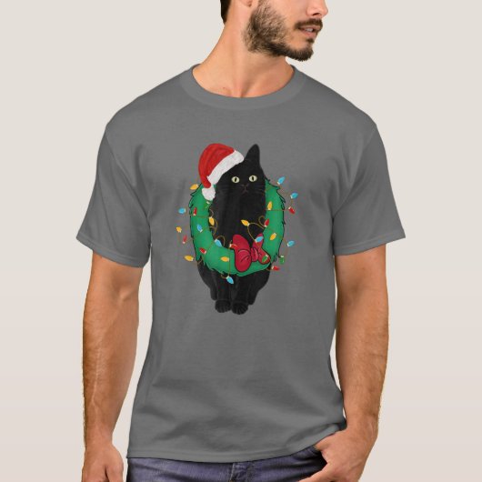 Zwarte kat met kerstlampje Santa Hat Funny Cat T-shirt (Voorkant)
