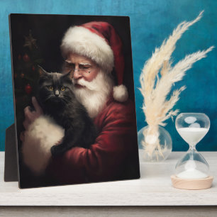 Zwarte Kat Met Kerstman Festieve Kerstmis  Fotoplaat