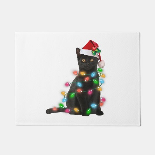 Zwarte Kat Met Kerstman Hoed Kerstlichtjes Deurmat (Voorkant)