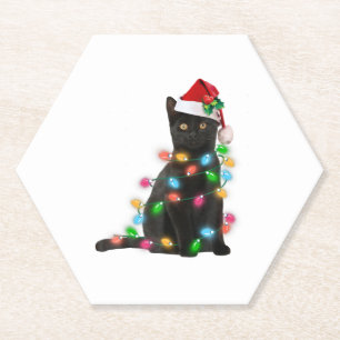 Zwarte kat met kerstman hoed kerstverlichting kartonnen onderzetters