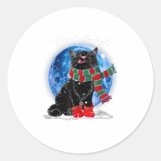 Zwarte Kat met kerstmis Lichte Moon Blue Hol Ronde Sticker (Voorkant)