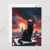 Zwarte kat met kerstmuts briefkaart (Voorkant / Achterkant)