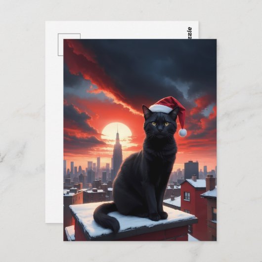 Zwarte kat met kerstmuts briefkaart (Voorkant / Achterkant)