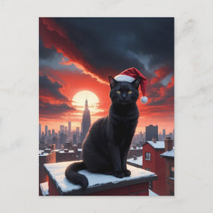 Zwarte kat met kerstmuts briefkaart