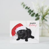 Zwarte kat met kerstmuts feestdagenkaart (Staand voorkant)
