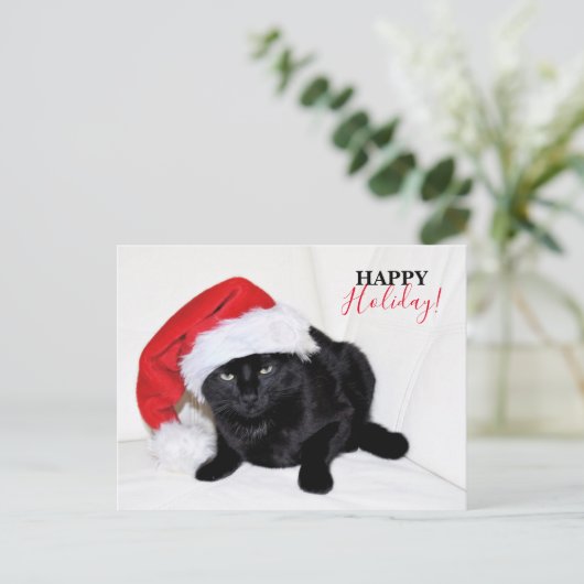 Zwarte kat met kerstmuts feestdagenkaart (Staand voorkant)