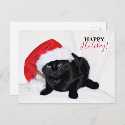 Zwarte kat met kerstmuts feestdagenkaart (Voorkant / Achterkant)