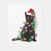 Zwarte kat met kerstmuts kerstverlichting fleece deken (Voorkant)