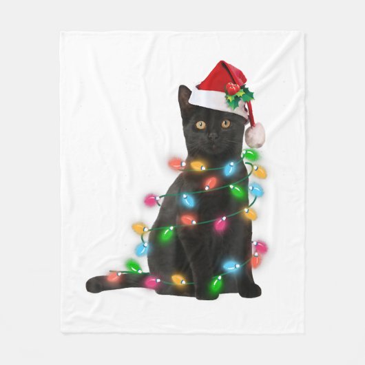 Zwarte kat met kerstmuts kerstverlichting fleece deken (Voorkant)