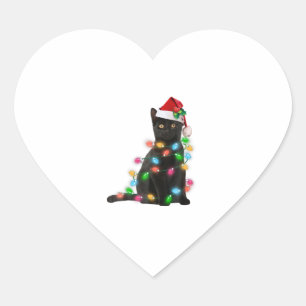 Zwarte kat met kerstmuts kerstverlichting hart sticker