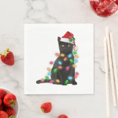 Zwarte kat met kerstmuts kerstverlichting servet (Insitu)