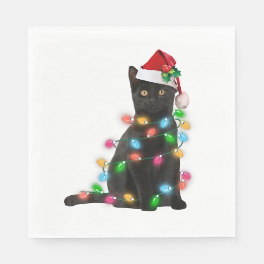 Zwarte kat met kerstmuts kerstverlichting servet (Voorkant)