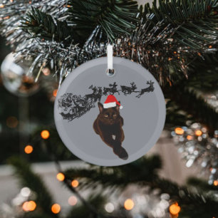 Zwarte kat met kerstmuts   Slee en rendieren Glas Ornament