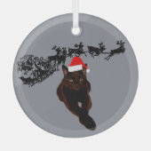 Zwarte kat met kerstmuts | Slee en rendieren Glas Ornament (Voorkant)