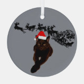 Zwarte kat met kerstmuts | Slee en rendieren Glas Ornament (Achterkant)