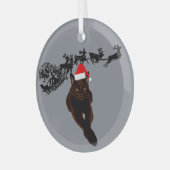 Zwarte kat met kerstmuts | Slee en rendieren Glas Ornament (Voorkant links)