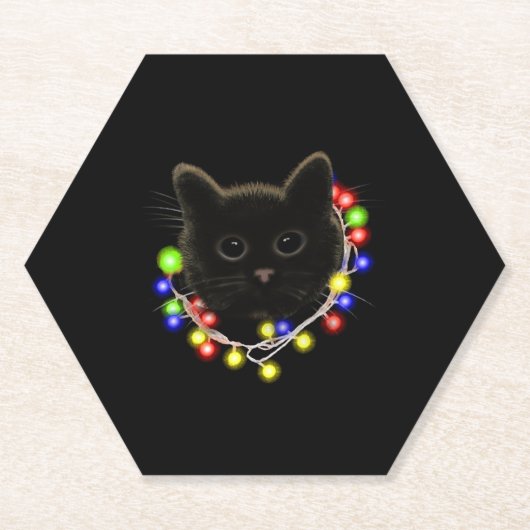 Zwarte kat met kerstverlichting kartonnen onderzetters (Voorkant)