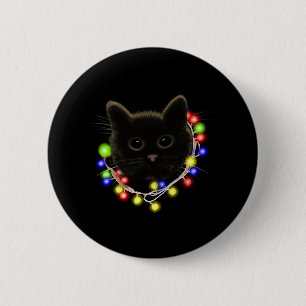 Zwarte kat met kerstverlichting ronde button 5,7 cm