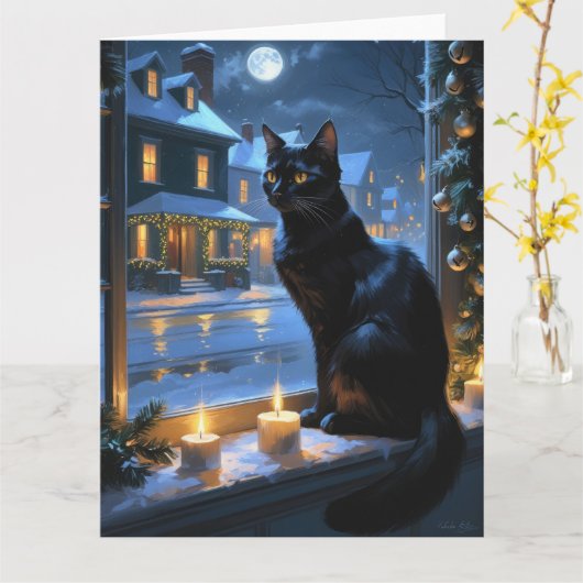 Zwarte Kat Met Kerstverlichting Vakantie Kaart (Gele Bloem)