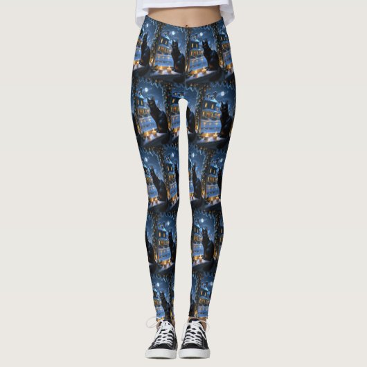 Zwarte Kat Met Kerstverlichting Vakantie Leggings (Voorkant)