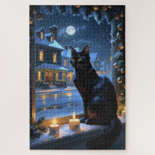 Zwarte Kat Met Kerstverlichting Vakantie Legpuzzel (Verticaal)