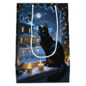 Zwarte Kat Met Kerstverlichting Vakantie Medium Cadeauzakje (Achterkant)