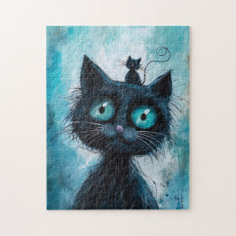Zwarte Kat met Kleine Kat op de Kop Legpuzzel