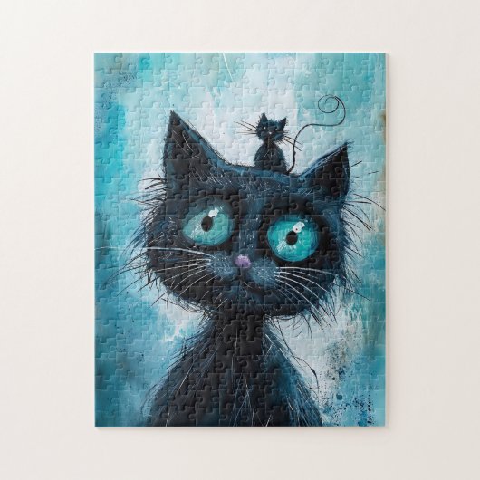Zwarte Kat met Kleine Kat op de Kop Legpuzzel (Verticaal)