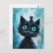 Zwarte kat met kleine kat op het hoofd briefkaart (Voorkant / Achterkant)