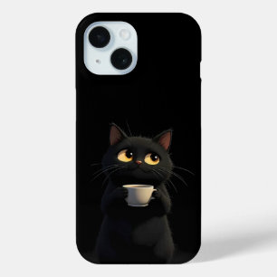 Zwarte kat met koffie Mok Funny iPhone Case