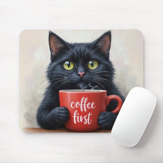 Zwarte kat met leuke koffie Mok quote Muismat (Met muis)