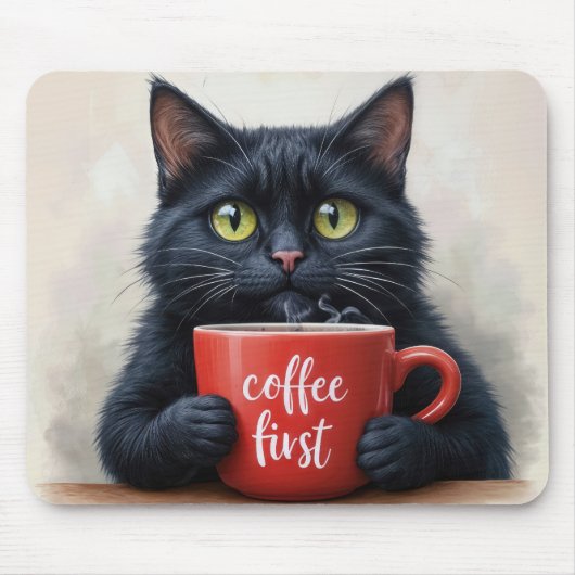 Zwarte kat met leuke koffie Mok quote Muismat (Voorkant)