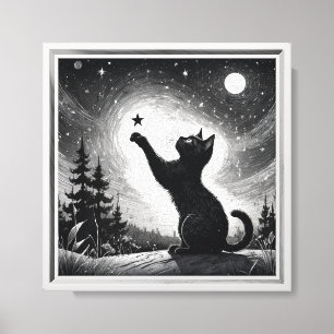 Zwarte kat met lucht met maan canvas afdruk