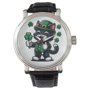 Zwarte Kat met Lucky Clover Horloge
