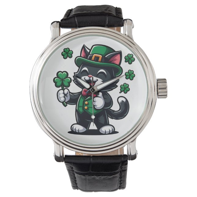 Zwarte Kat met Lucky Clover Horloge (Voorkant)