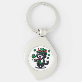 Zwarte Kat met Lucky Clover Sleutelhanger